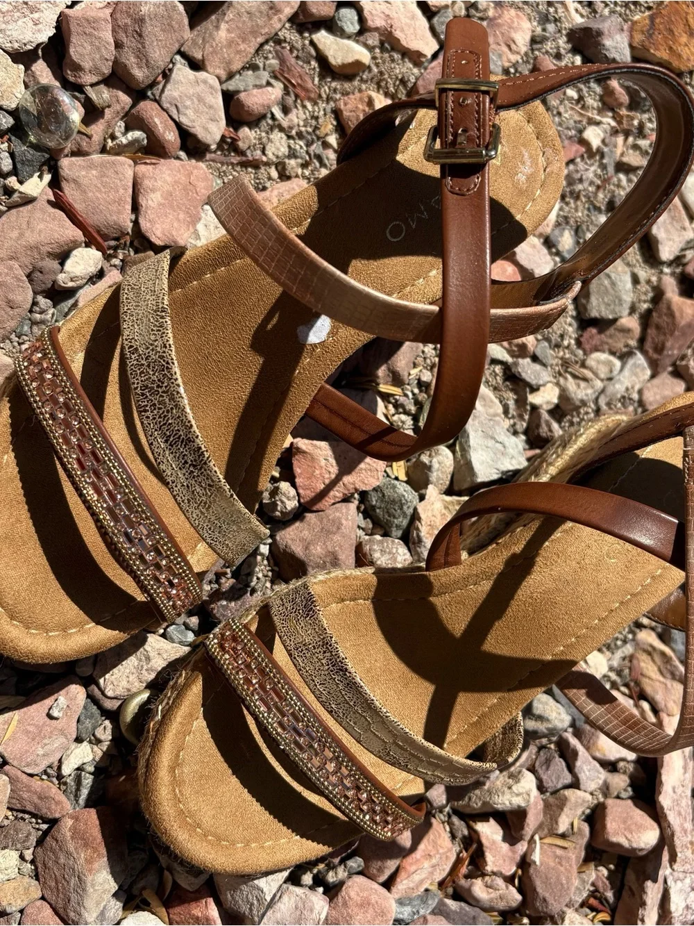 Abruce 7.5 Rhinestone Sandals Bronze Rose Gold Rope Cork 3” Wedge Heel
